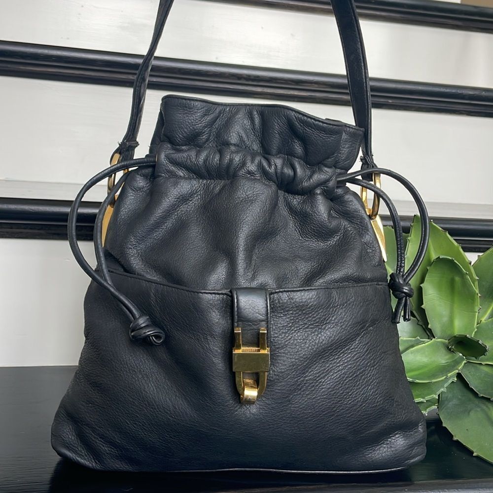 Italian Leather bucket bag crossbody shoulder handbag drawstring black gold